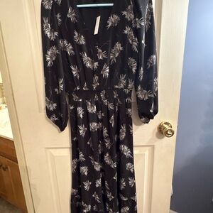 Talbots Black and White Floral Wrap-Style Maxi Dress